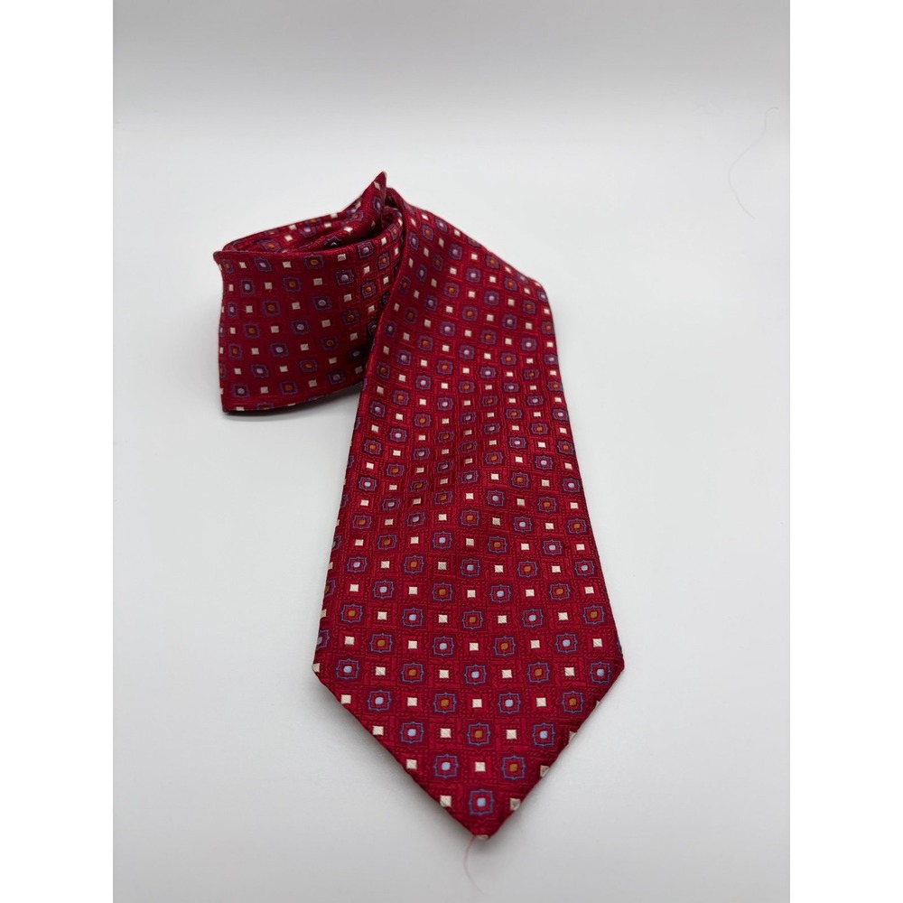 Palio, Made in Italy, 100% Silk, Red Necktie, Geometric Square Medallion Pattern
